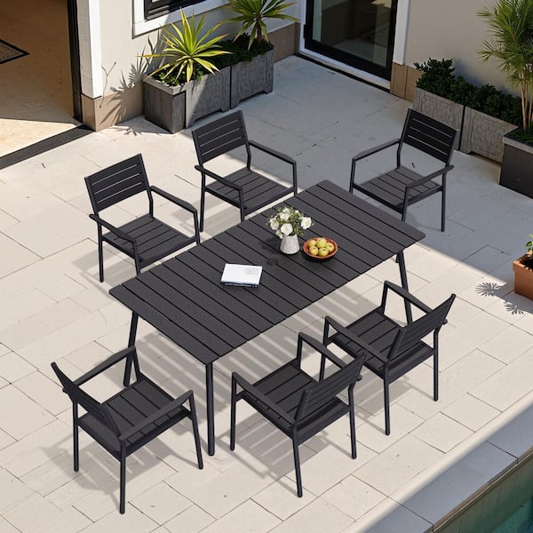 7-Piece Aluminum Outdoor Dining Set in Black with Stackable Arm Chairs and Wood-like Top, Umbrella Hole
