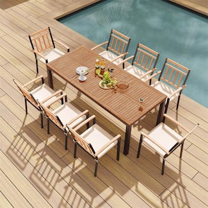 Natural 9-Piece Wood Rectangular Outdoor Dining Set with Natural Cushions