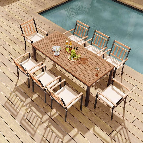 Costway Natural 9-Piece Wood Rectangular Outdoor Dining Set with Natural Cushions