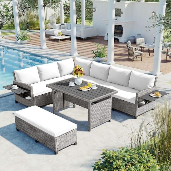 Unbranded 5-Piece Wicker Patio Conversation Sectional Seating Set with White Cushions, 2-Extendable Side Tables, Dining Table