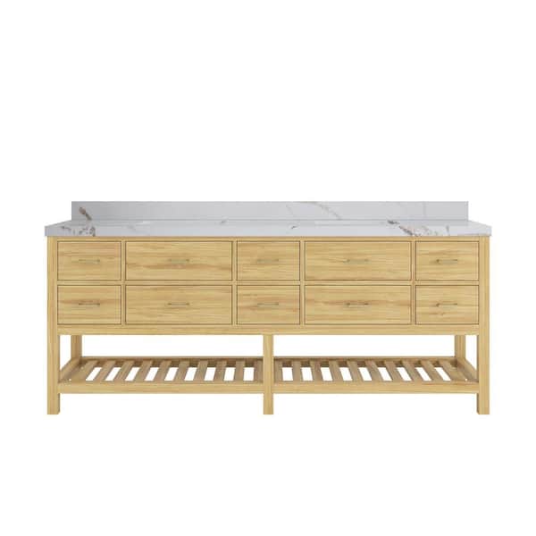 Willow Collections Parker Teak 84 in. Double Sink Freestanding Light Natural Bath Vanity with Regular Calacatta Gold Qt. Top Unassembled