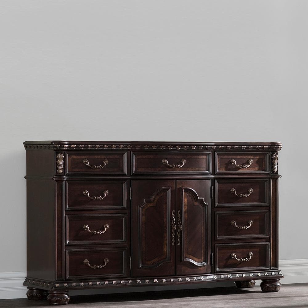 Cocoa Brown Traditional 9-Drawer Dresser with Gold Floral Accents