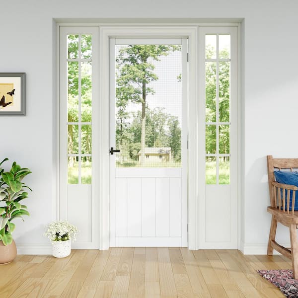 32 in. x 80 in. Universal Primed White Paneled Style Pine Wood Gauze Mesh Hinged Screen Door for Front Door (Lock)