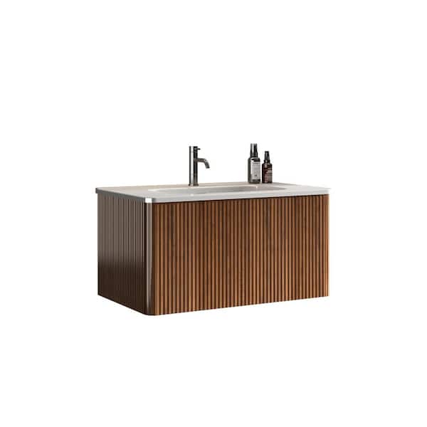 Aoibox 30 Striped Walnut Wall Mounted Floating Bathroom Vanity with White Ceramic Top, Sink, Basin without Drain and Faucet