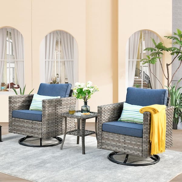 XIZZI Isabella Gray 3-Piece Wicker Outdoor Rocking Chair Set with Denim Blue Cushions