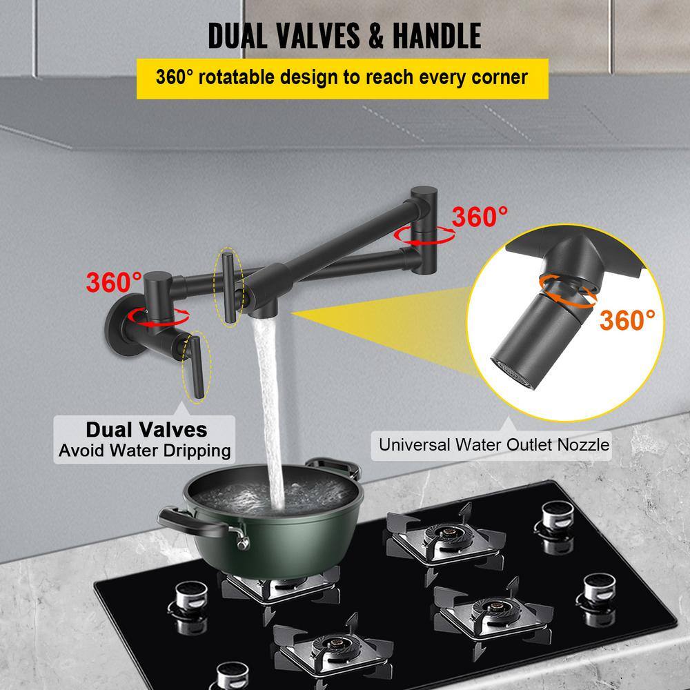 Matte Black Stainless Steel Dual Handle Wall Mount Pot Filler Faucet