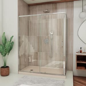Flex 60 in. W x 36 in. D x 74.75 in. Framed Pivot Shower Enclosure in Chrome with Left Drain Biscuit Acrylic Base Kit