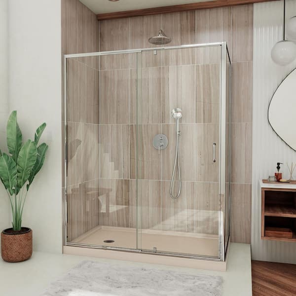 DreamLine Flex 60 in. W x 36 in. D x 74.75 in. Framed Pivot Shower Enclosure in Chrome with Left Drain Biscuit Acrylic Base Kit