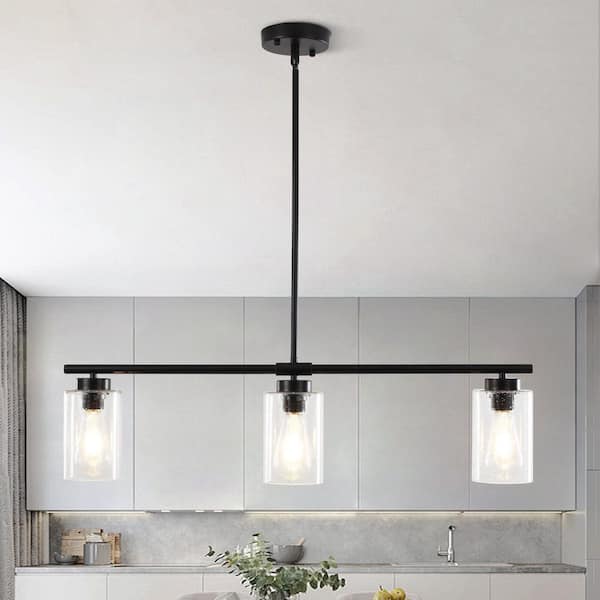 3-Light Farmhouse Linear Chandelier – Clear Seeded Glass, Adjustable Rods, Black Finish, For Kitchen Island & Dining Room