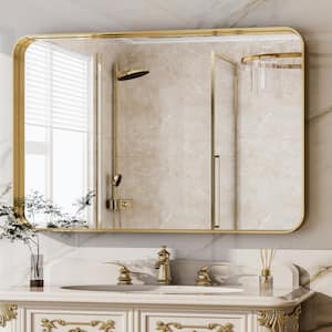 30 in. W x 48 in. H Rectangular Modern Aluminum Framed Rounded Gold Wall Mirror