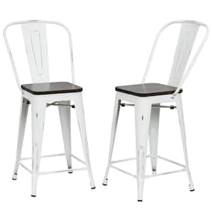 Ash 24 in. Antique White Wood Seat Counter Stool (Set of 2)