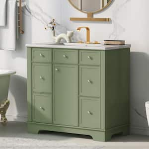 36 in. Green Bathroom Vanity , One Cabinet with Doors,Drawers and One Flip Drawer, Top Ceramic with White Basin