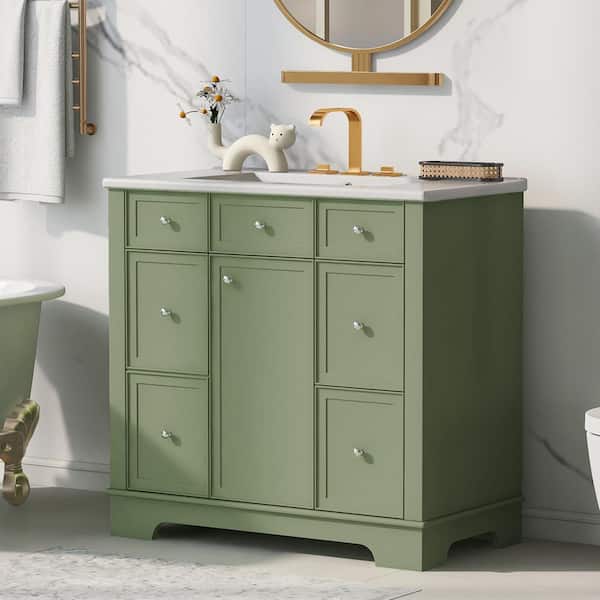 Qidian 36 in. Green Bathroom Vanity , One Cabinet with Doors,Drawers and One Flip Drawer, Top Ceramic with White Basin