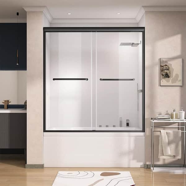 60 in. W x 62 in. H Double Sliding Bath Tub Door for Shower Matte Black with Clear Glass Semi-Frameless Bathtub Screen