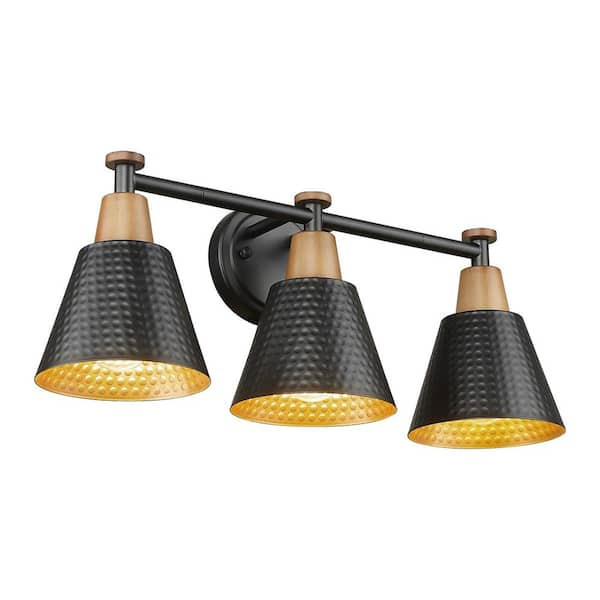 JAZAVA 21.6 in. 3-Light Black Vanity Light with Hammered Metal Shade Gold Inside