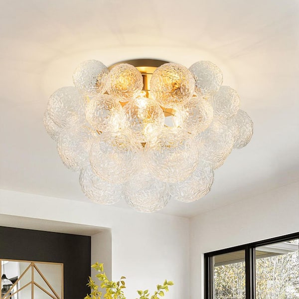 HUOKU Neuvy 20.9 in. W 3-Light Brush Gold Semi-Flush Mount