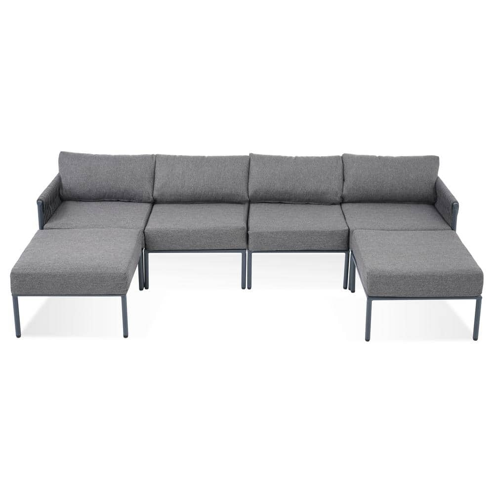 6-Piece Aluminum Outdoor Furniture Set, Modern Metal Sectional Set Sofa with Olefin 5.9 in. Thick Gray Cushions -  Zeus & Ruta, HSC-976