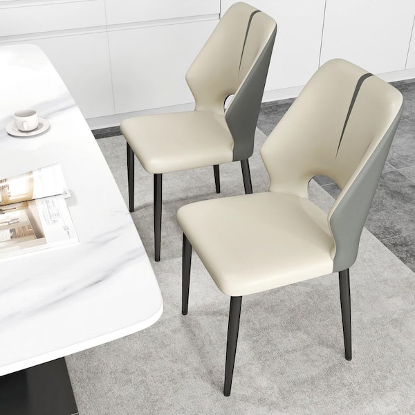 Set of 2 Modern Dining Chairs PU Leather Seat Curved Open Back with Black Iron Legs in Gray
