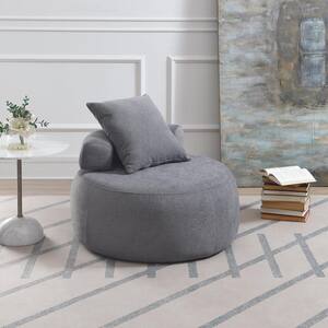 Modern Gray Chenille Accent Chair Solid Wood Round Sofa Upholstered Lounge Chair with Pillow