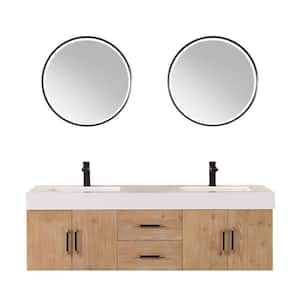 Corchia 60 in. W x 22 in. D x 19 in. H Double Sink Bath Vanity in Light Brown with White Composite Stone Top and Mirror