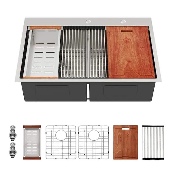 36 in. Drop-In Double Bowl 16 Gauge Brushed Nickel Stainless Steel Kitchen Sink with Bottom Grids