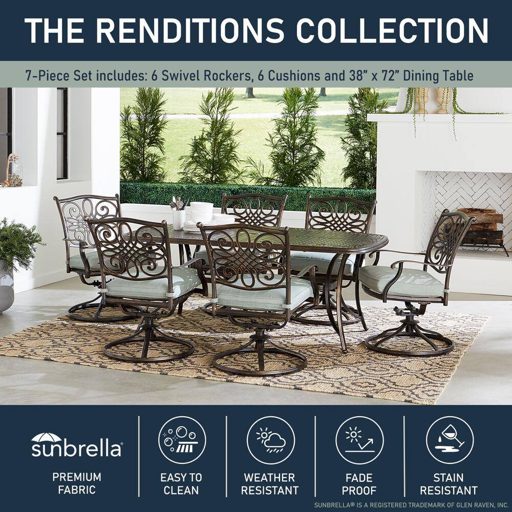 Elegant 7-Piece Mist Blue Cast-Aluminum Patio Dining Set with Swivel Rockers