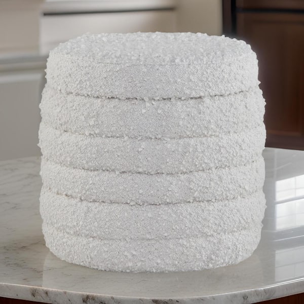 Benjara White Fabric Round Storage Ottoman Medium