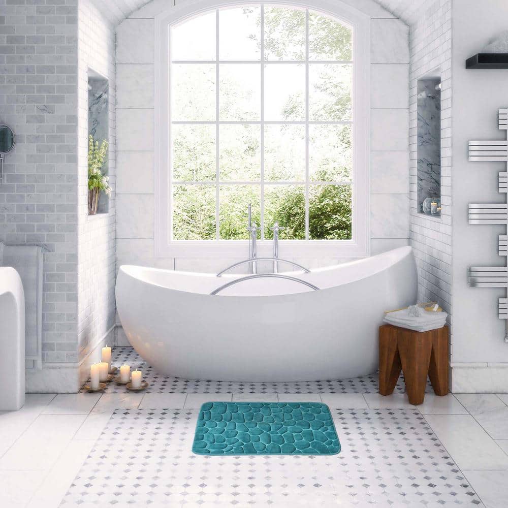 Peacock Blue Memory Foam Bath Mat with 3D Pebble Design