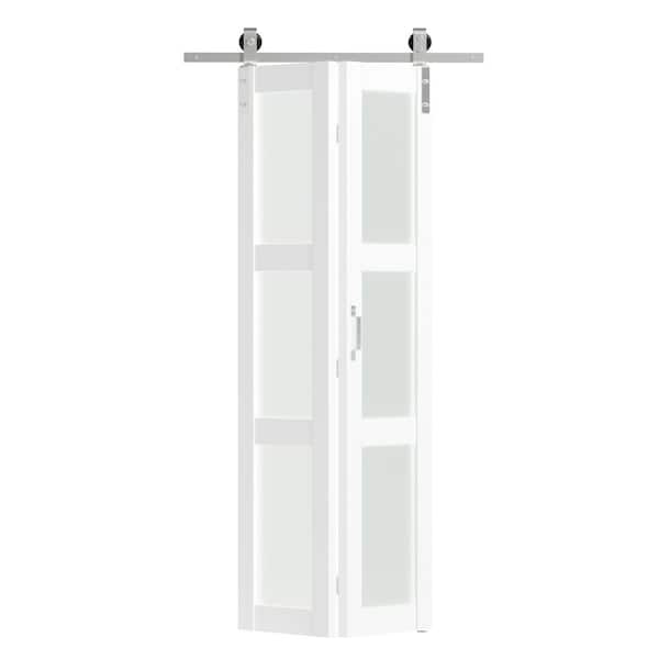 42in x 84in White, 3 Lite, Frosted Glass Finished, MDF Bi-Fold Style Sliding Barn Door with Hardware Kit & Nickel Sliver