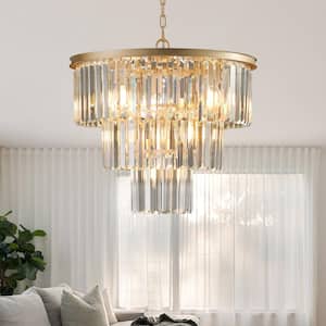 20 in. 7-Light Modern Gold 3-Tier Round Crystal Fringe Chandelier with Crystal Accents