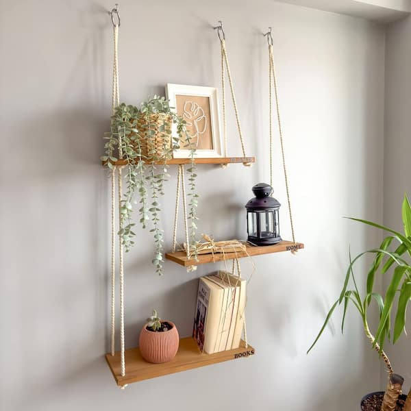 16.78 in. W x 6.5 in. D Brown Wood Hanging Shelves Swing Floating Shelves,  Rustic Boho Room Decor Decorative Wall Shelf PUT73M - The Home Depot