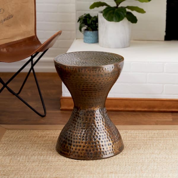 Litton Lane 14 in. Bronze Hammered Medium Round Metal End Table with Hourglass Shape