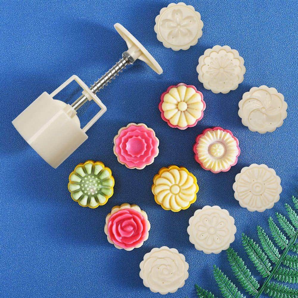 Esepony 75 g Moon Cake Mould Set with Pattern Hand-Pressure for Kitchen Mid-Autumn DIY Pastry Tool, White (12-Pack)