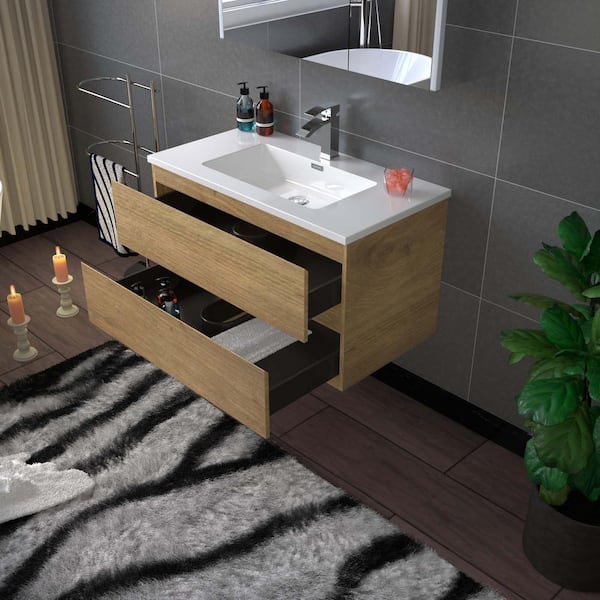 Turin 36 in. W x 18.875 in. D x 19.63 in. H Single Sink Floating Bath Vanity in F.Oak with White Resin Top