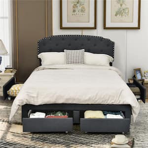 Gray Wooded Frame Full Size Platform Bed with 4 Storage Drawers Adjustable Headboard, Not Need Box Spring