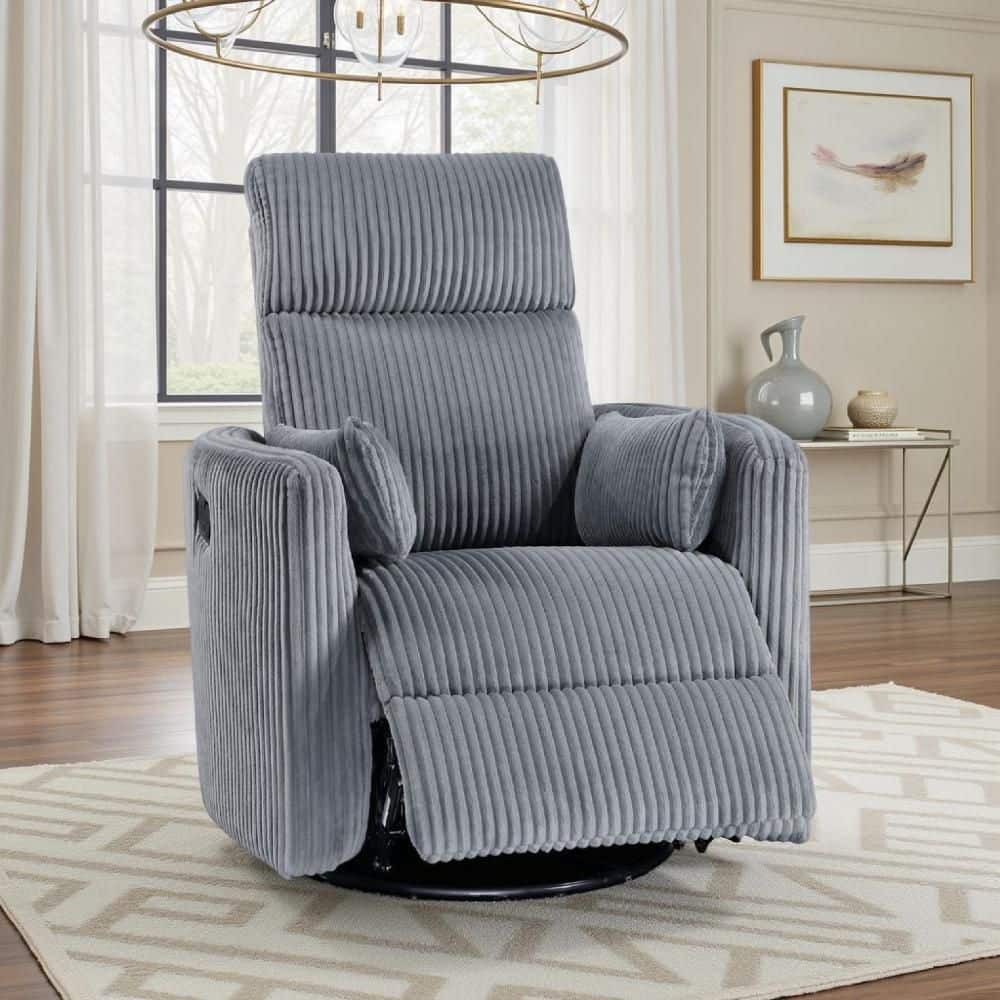 Benjara Rix Gray Fabric Glider Recliner with Ribbed Corduroy