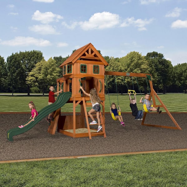 Backyard Discovery Atlantis All Cedar Wood Children's Swing Set Playset with Elevated Clubhouse Rockwall, Swings Trapeze and Wave Slide