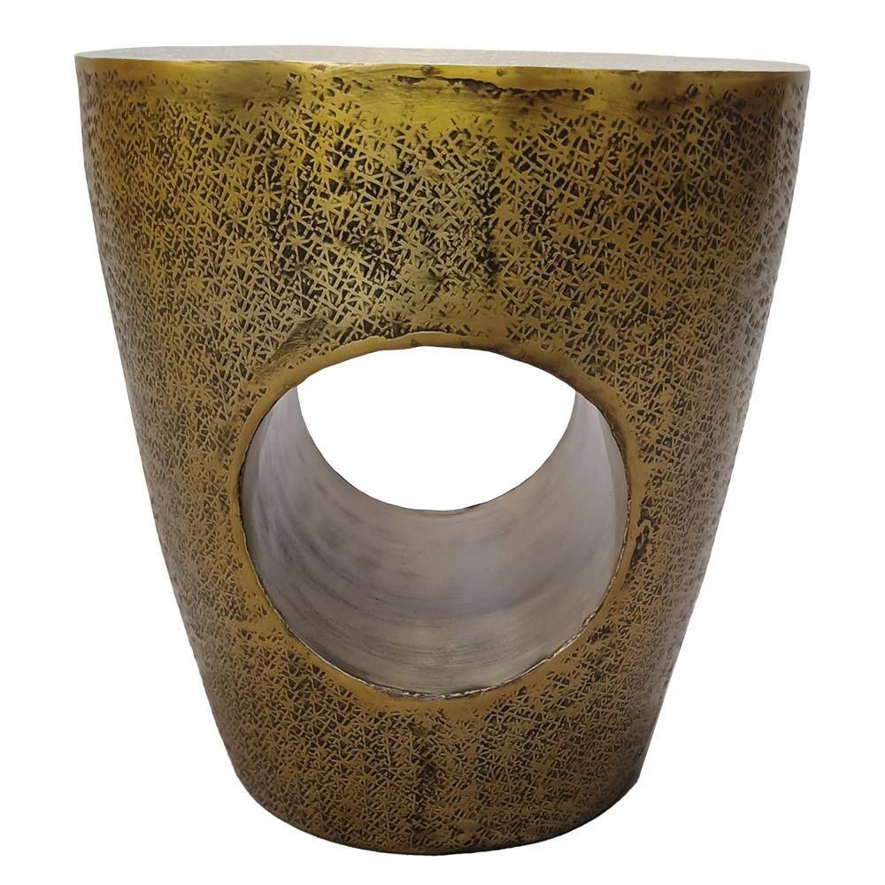 Antique Brass Round Metal Drum Side Table with Hollow Center