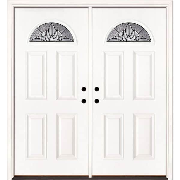 Feather River Doors 66 in. x 81.625 in. Sapphire Patina Fan Lite Unfinished Smooth Left-Hand Inswing Fiberglass Double Prehung Front Door