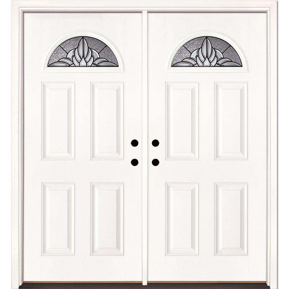 Feather River Doors 74 in. x 81.625 in. Sapphire Patina Fan Lite Unfinished Smooth Left-Hand Inswing Fiberglass Double Prehung Front Door, Smooth White: Ready to Paint -  4H3190-400