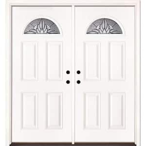 74 in. x 81.625 in. Sapphire Patina Fan Lite Unfinished Smooth Left-Hand Inswing Fiberglass Double Prehung Front Door