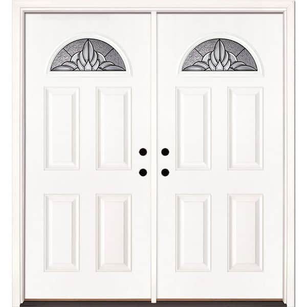 74 in. x 81.625 in. Sapphire Patina Fan Lite Unfinished Smooth Left-Hand Inswing Fiberglass Double Prehung Front Door