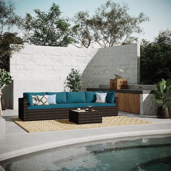 5-Piece Brown Wicker Patio Conversation Set Outdoor Sectional Sofa Set with Coffee Table and Lake Blue Cushions