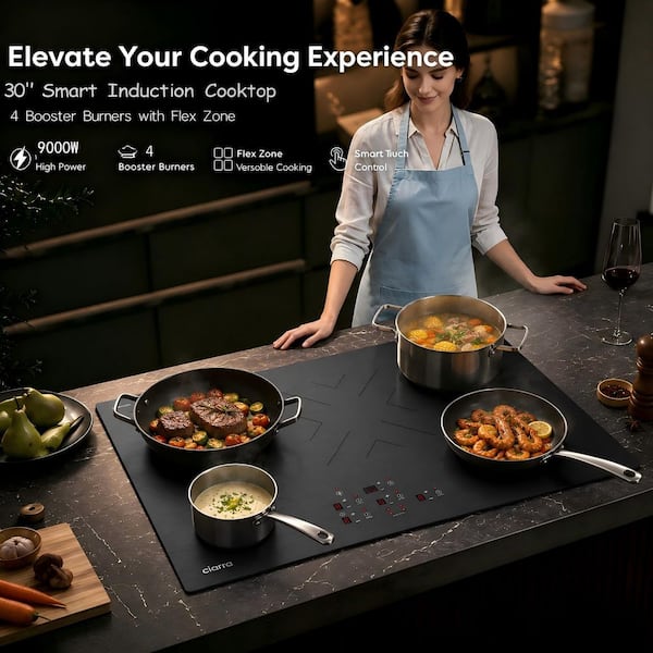30 in. 4 Booster Burners Smart Smooth induction Cooktop in Black with Touch Control and one Flex Zone