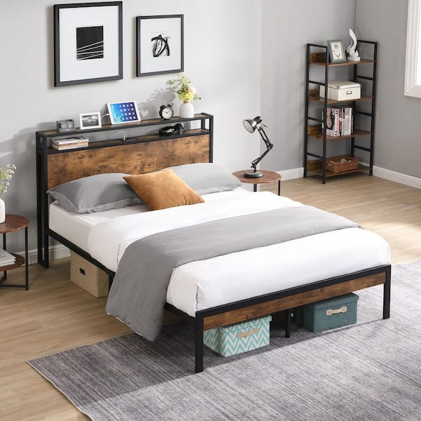 Black Metal Frame Full Size Platform Bed with Wood Headboard and Footboard with USB LINER
