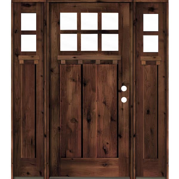 Krosswood Doors 64 in. x 80 in. Craftsman Alder Clear 6-Lite Red Mahogony Stain Wood w.DS Left Hand Single Prehung Front Door/Sidelites