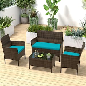 4-Piece Metal Rattan Patio Conversation Set with Turquoise Cushions