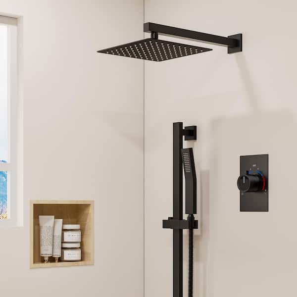 YAWWALK Single Handle 2-Spray Wall Mount 10 in. Square Shower Head Shower Faucet with High Pressure in. Matte Black