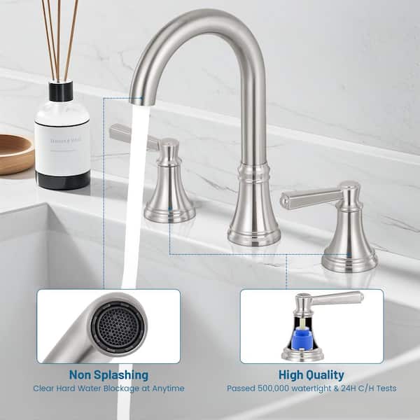 8 in. Widespread Double-Handle High-Arc Bathroom Faucet with pop drain in Brushed Nickel