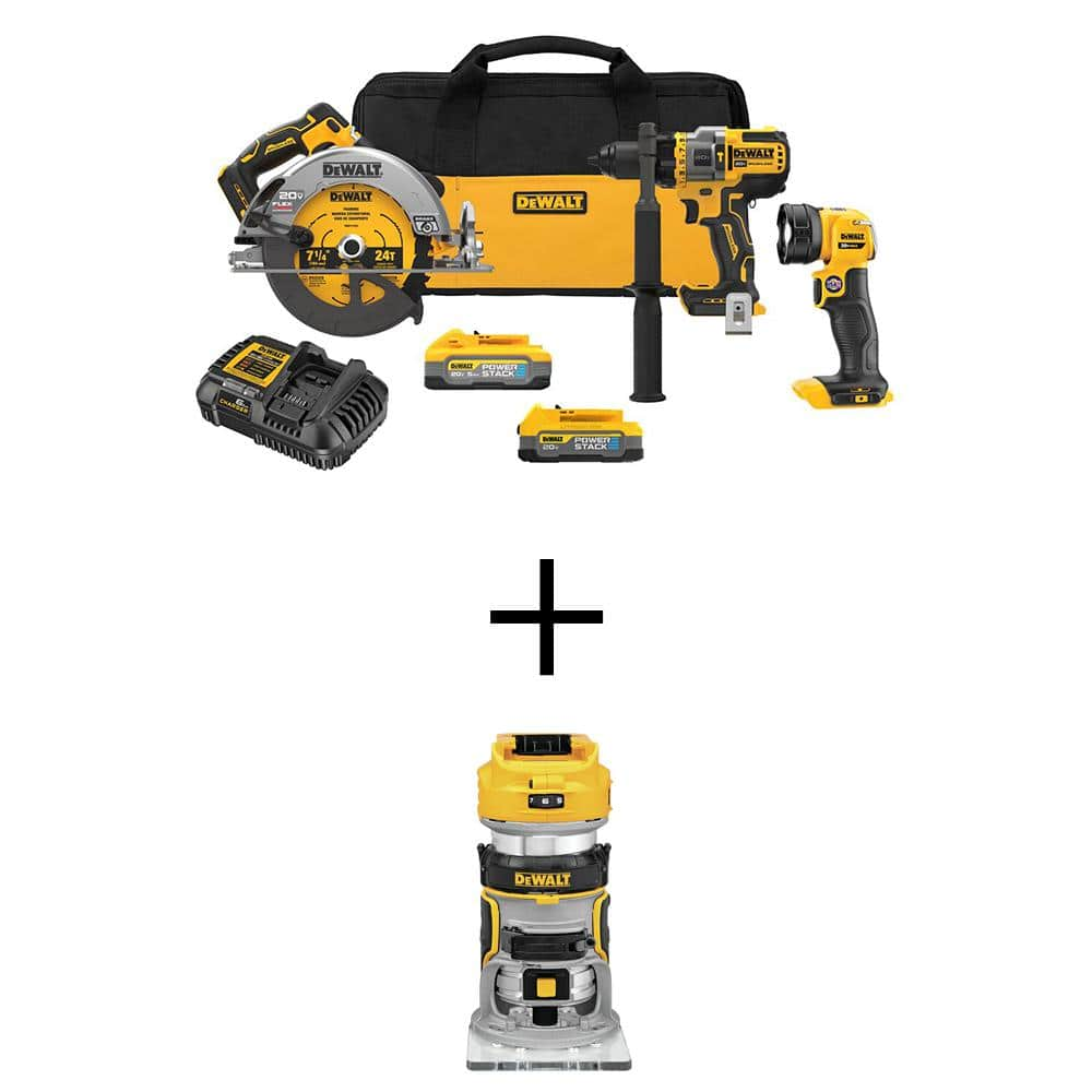 20V MAX Lithium-Ion Cordless 3-Tool Combo Kit and Brushless Fixed Base Compact Router with 5Ah Battery and 1.7Ah Battery -  DEWALT, DCK304E1H1W600B